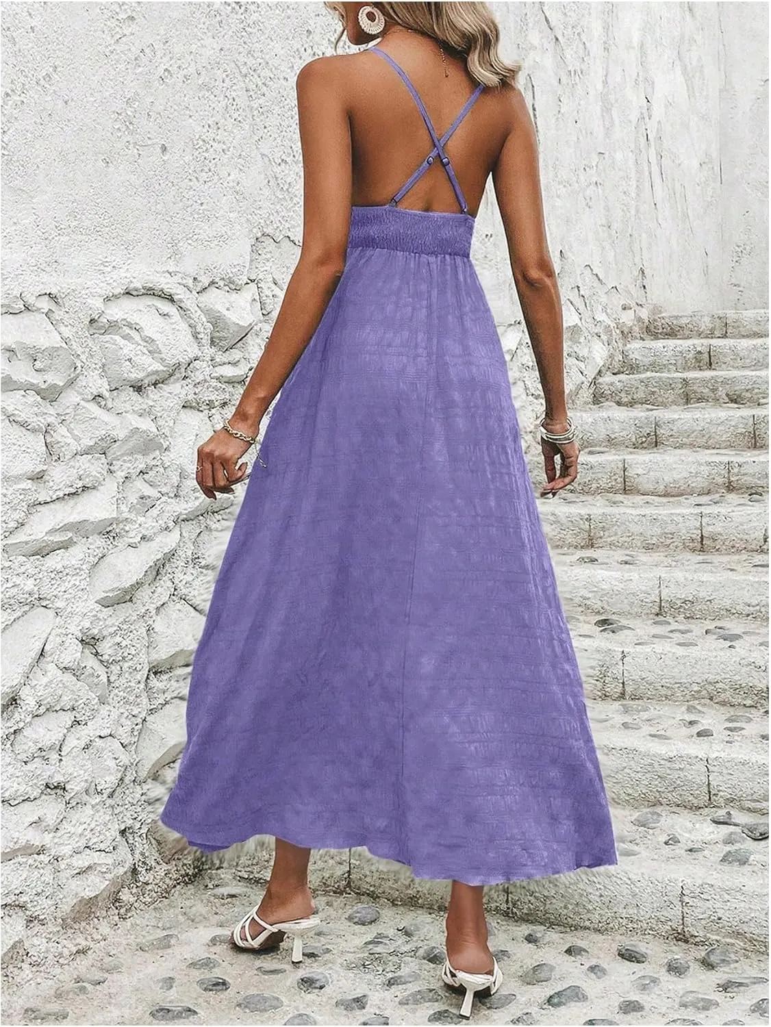 Milumia Women's Summer Smocked Cami Maxi Dress Boho V Neck Spaghetti Strap A Line Flowy Beach Long Sundress