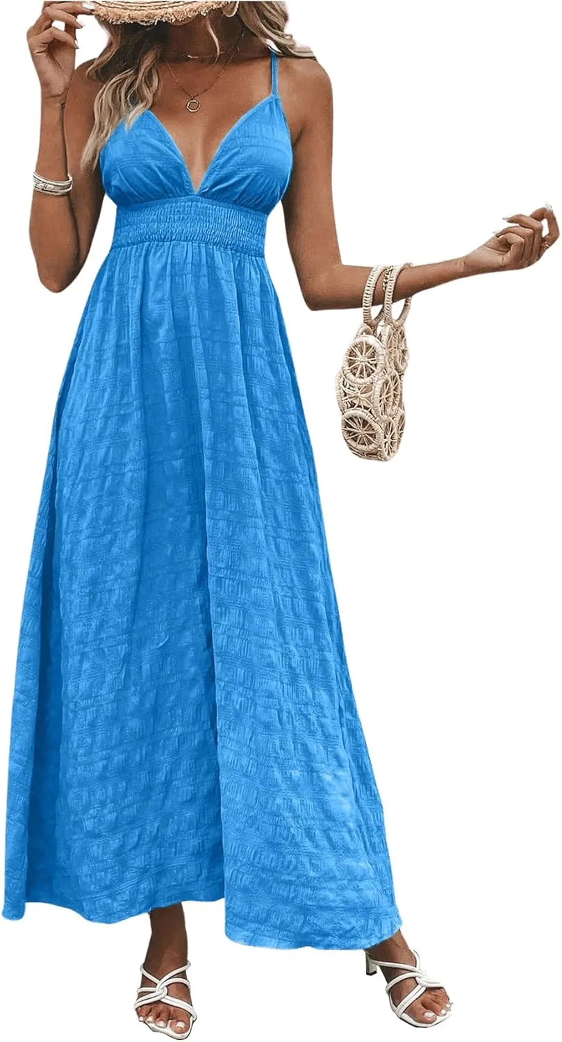 Milumia Women's Summer Smocked Cami Maxi Dress Boho V Neck Spaghetti Strap A Line Flowy Beach Long Sundress