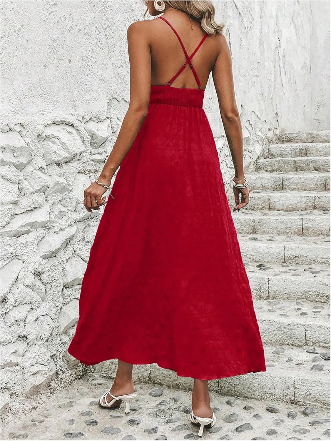 Milumia Women's Summer Smocked Cami Maxi Dress Boho V Neck Spaghetti Strap A Line Flowy Beach Long Sundress