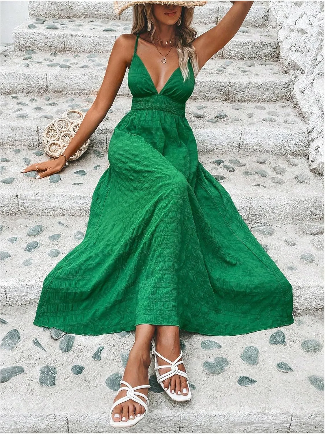 Milumia Women's Summer Smocked Cami Maxi Dress Boho V Neck Spaghetti Strap A Line Flowy Beach Long Sundress