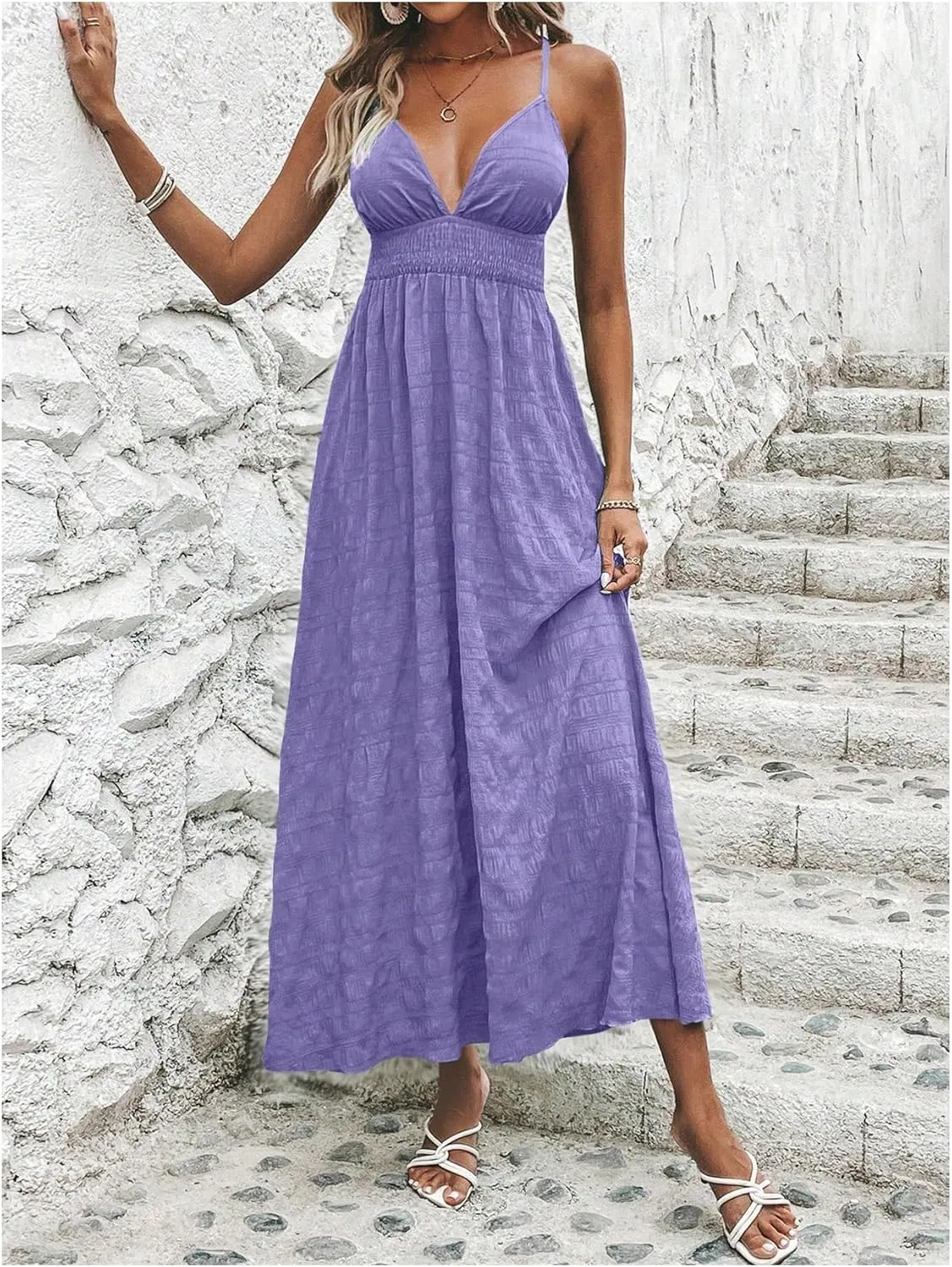 Milumia Women's Summer Smocked Cami Maxi Dress Boho V Neck Spaghetti Strap A Line Flowy Beach Long Sundress