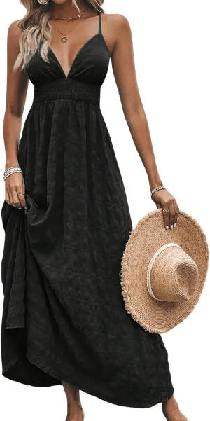 Milumia Women's Summer Smocked Cami Maxi Dress Boho V Neck Spaghetti Strap A Line Flowy Beach Long Sundress