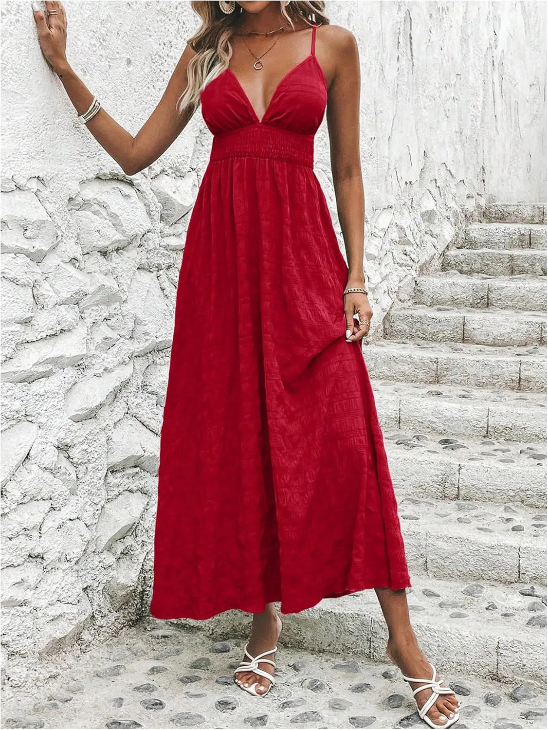 Milumia Women's Summer Smocked Cami Maxi Dress Boho V Neck Spaghetti Strap A Line Flowy Beach Long Sundress