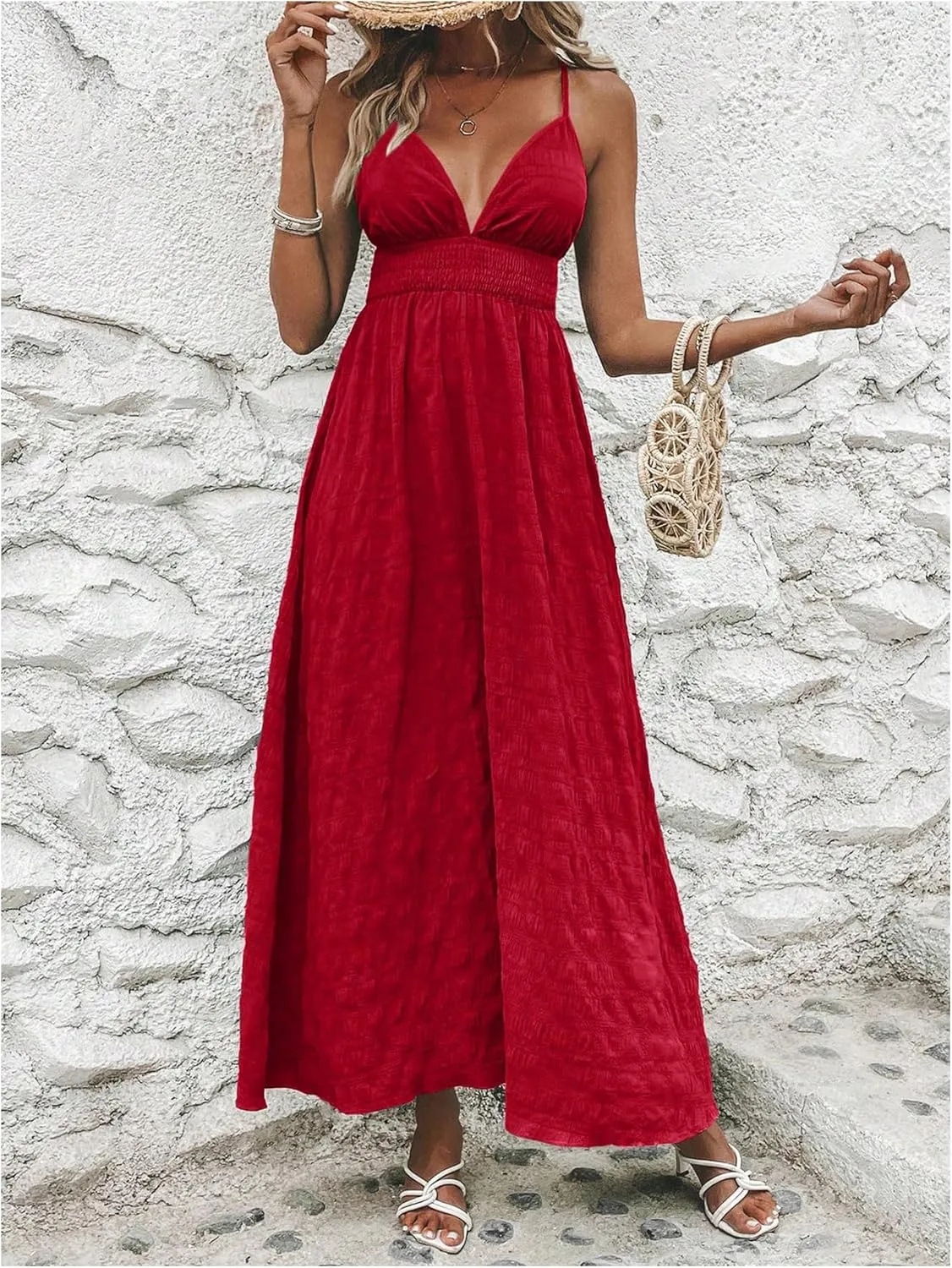 Milumia Women's Summer Smocked Cami Maxi Dress Boho V Neck Spaghetti Strap A Line Flowy Beach Long Sundress