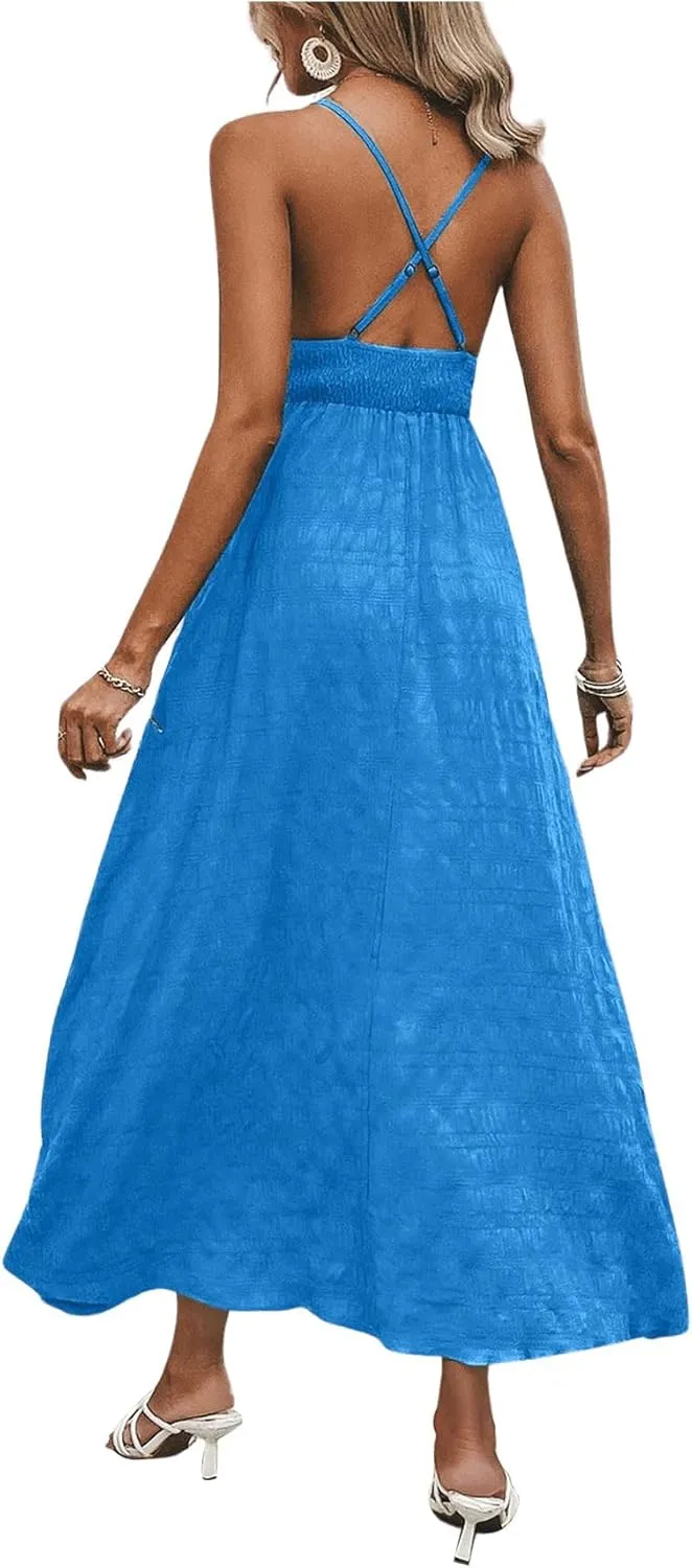 Milumia Women's Summer Smocked Cami Maxi Dress Boho V Neck Spaghetti Strap A Line Flowy Beach Long Sundress