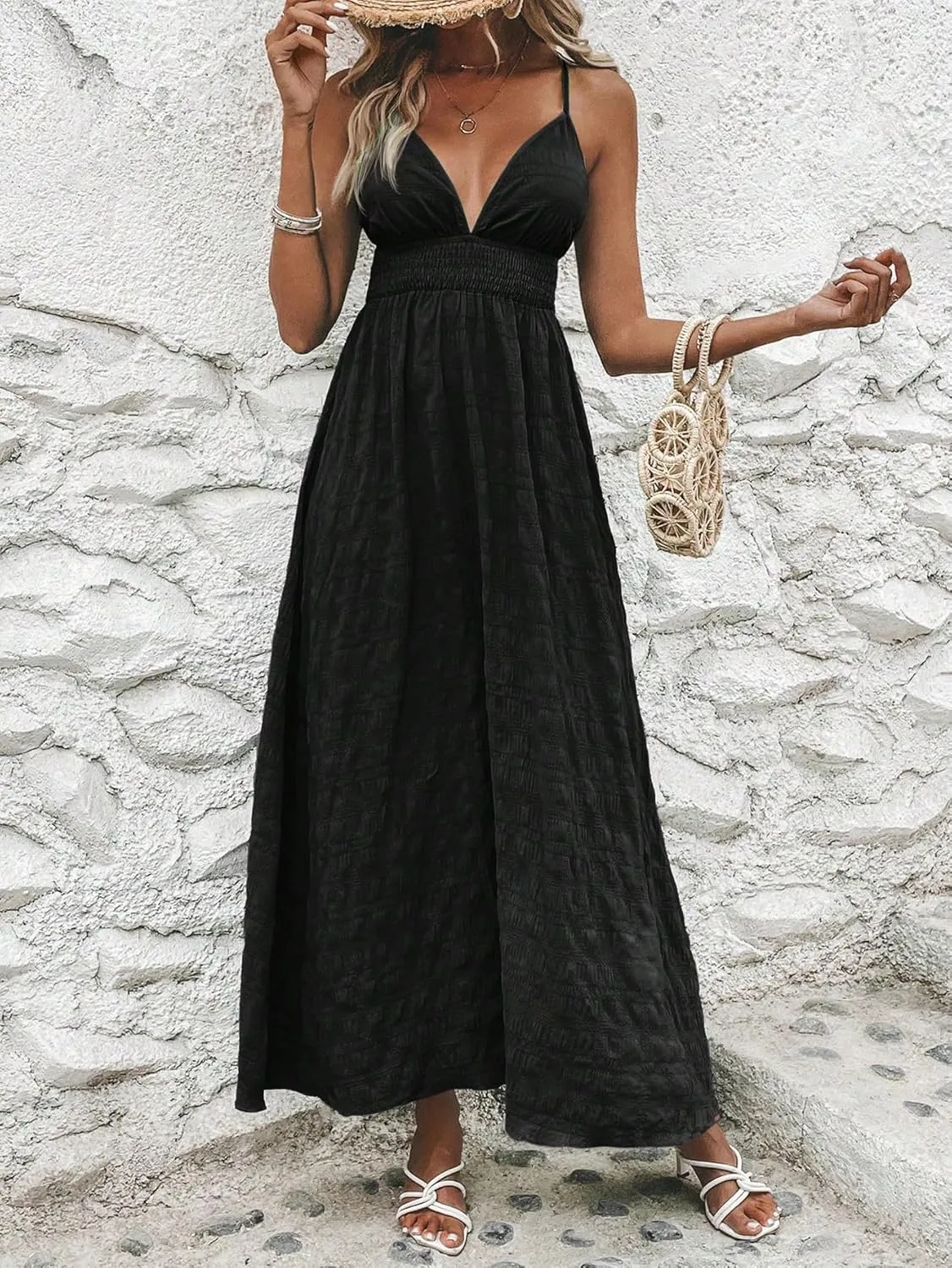 Milumia Women's Summer Smocked Cami Maxi Dress Boho V Neck Spaghetti Strap A Line Flowy Beach Long Sundress