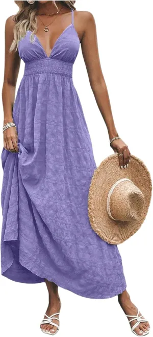 Milumia Women's Summer Smocked Cami Maxi Dress Boho V Neck Spaghetti Strap A Line Flowy Beach Long Sundress