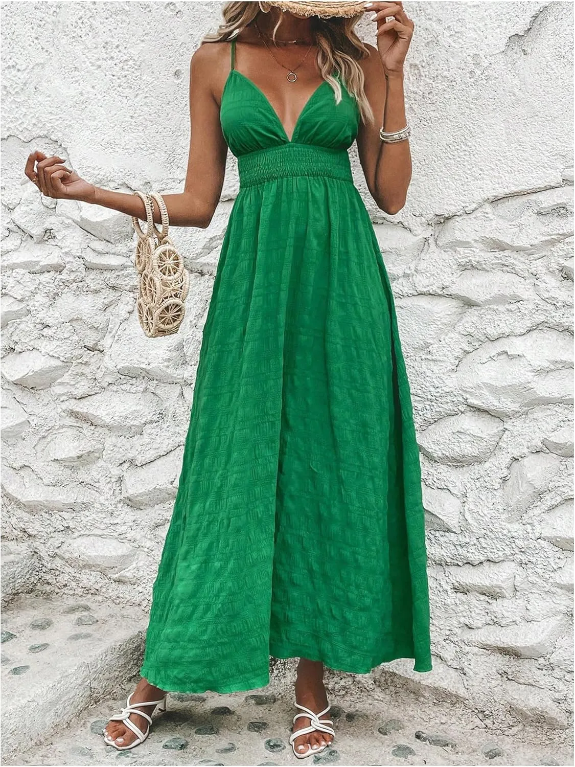 Milumia Women's Summer Smocked Cami Maxi Dress Boho V Neck Spaghetti Strap A Line Flowy Beach Long Sundress