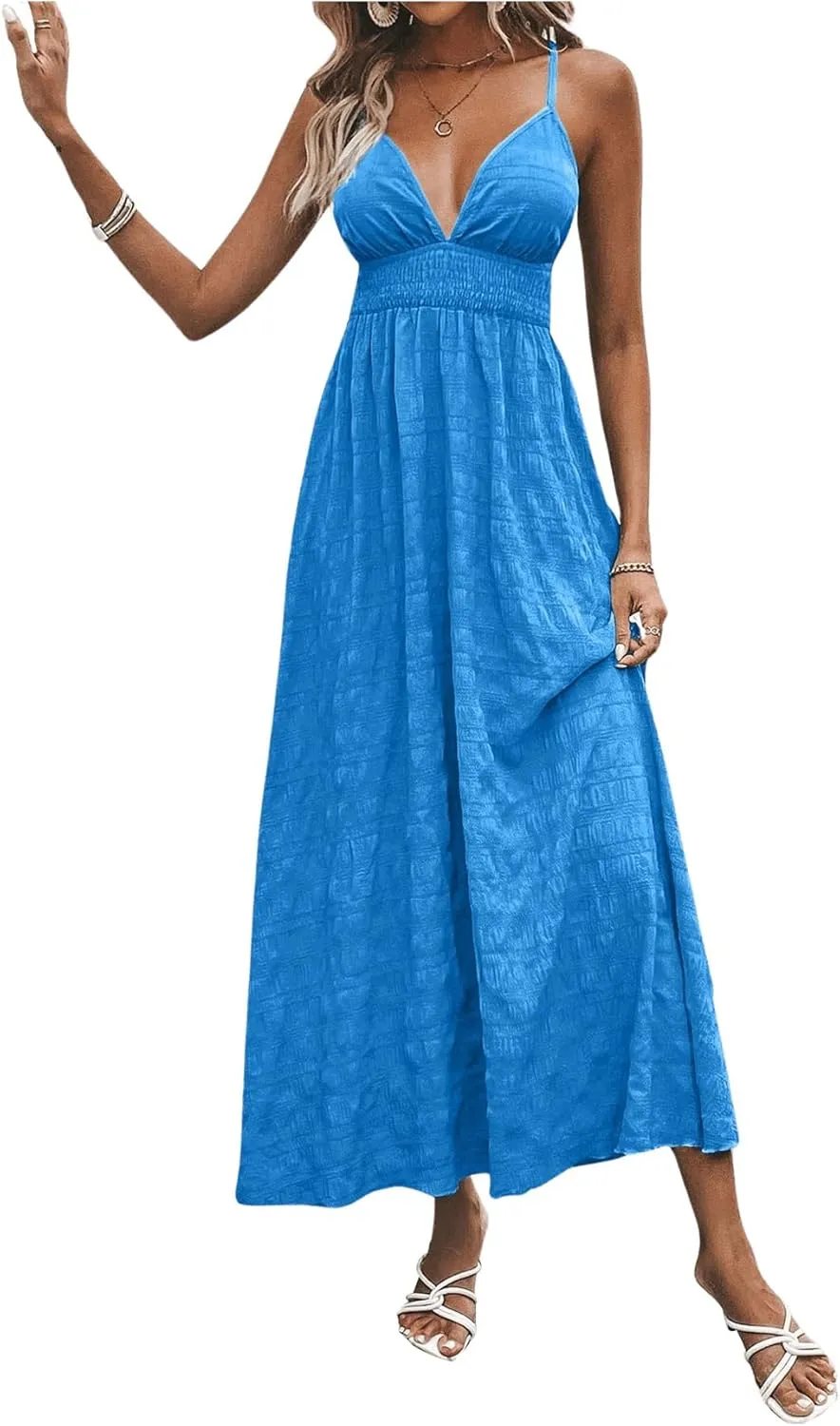 Milumia Women's Summer Smocked Cami Maxi Dress Boho V Neck Spaghetti Strap A Line Flowy Beach Long Sundress