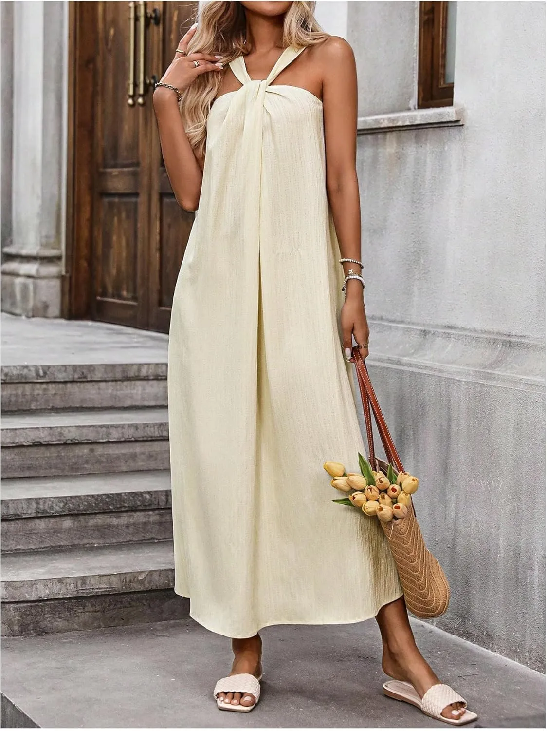 Milumia Women's Twist Knot Sleeveless Dress Summer Vacation Flared Maxi Dresses