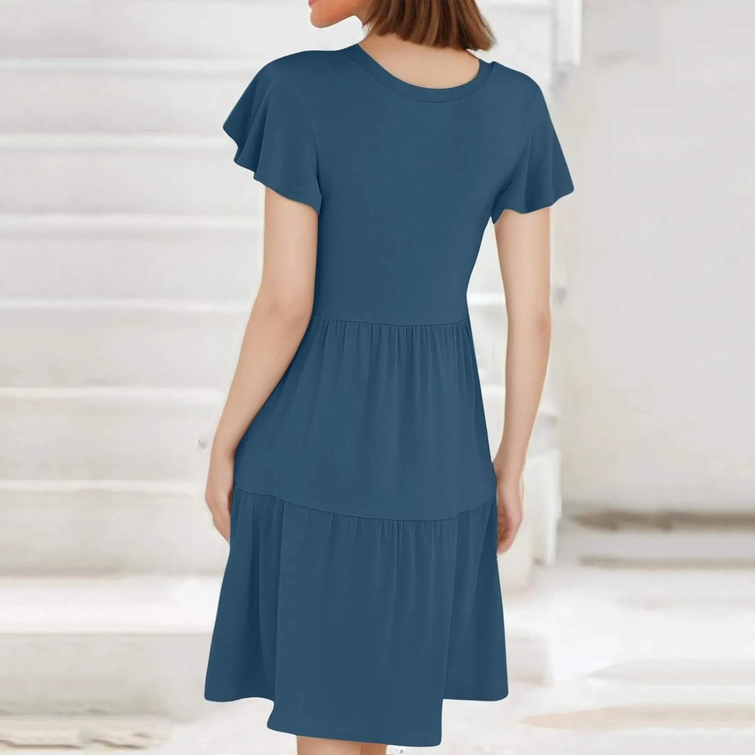 Mini Dresses for Women Tiered Crewneck Ruffle Short Sleeve Dress Summer Casual Loose Fit Beach Vacation Dresses