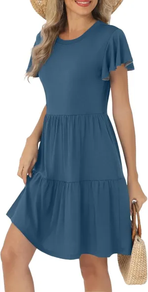 Mini Dresses for Women Tiered Crewneck Ruffle Short Sleeve Dress Summer Casual Loose Fit Beach Vacation Dresses