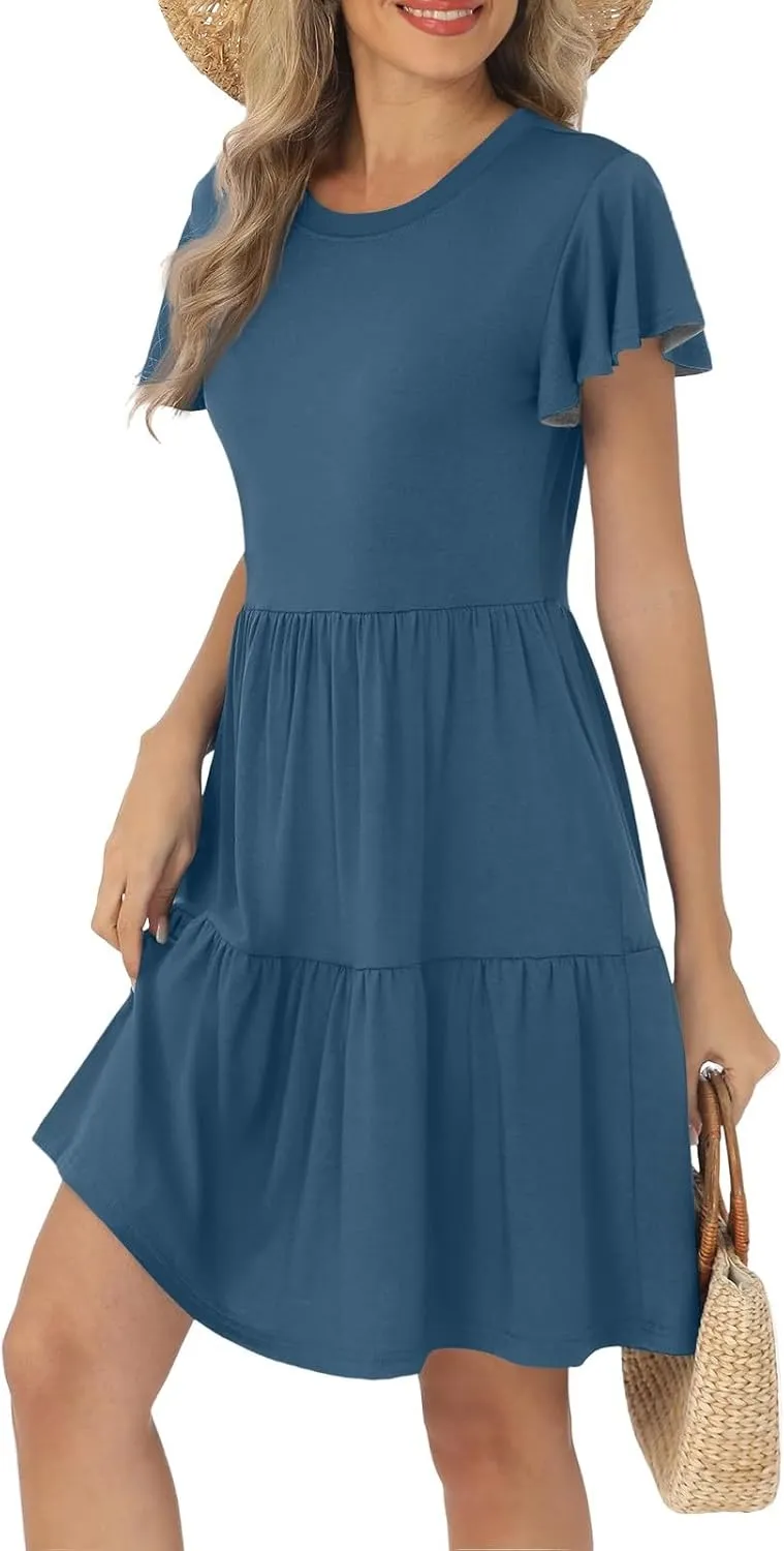 Mini Dresses for Women Tiered Crewneck Ruffle Short Sleeve Dress Summer Casual Loose Fit Beach Vacation Dresses