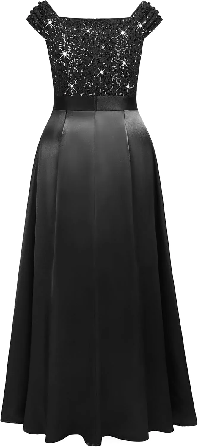 MISSMAY Women's Plus Size Sequin Lace Off Shoulder Satin Slit Formal Evening Party Maxi Dress