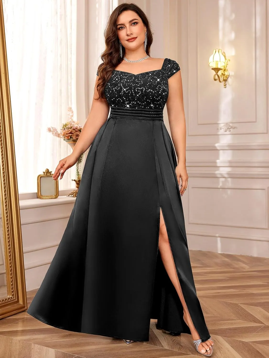 MISSMAY Women's Plus Size Sequin Lace Off Shoulder Satin Slit Formal Evening Party Maxi Dress