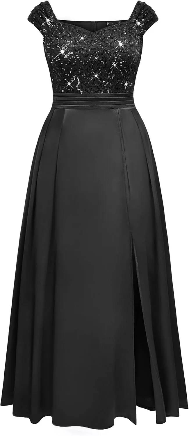 MISSMAY Women's Plus Size Sequin Lace Off Shoulder Satin Slit Formal Evening Party Maxi Dress