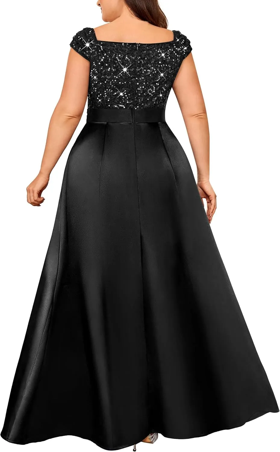 MISSMAY Women's Plus Size Sequin Lace Off Shoulder Satin Slit Formal Evening Party Maxi Dress