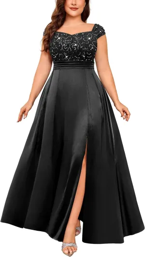 MISSMAY Women's Plus Size Sequin Lace Off Shoulder Satin Slit Formal Evening Party Maxi Dress