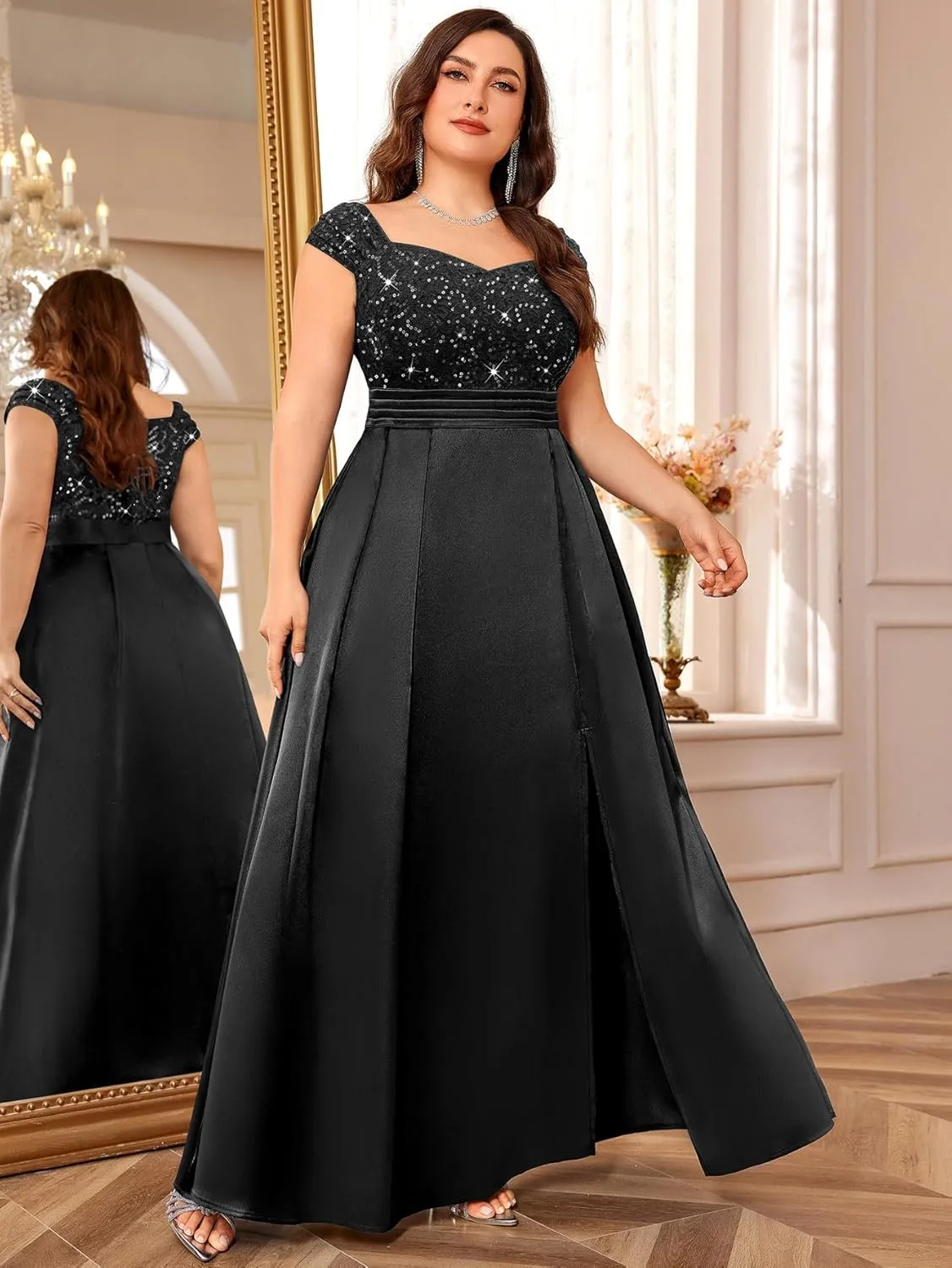 MISSMAY Women's Plus Size Sequin Lace Off Shoulder Satin Slit Formal Evening Party Maxi Dress