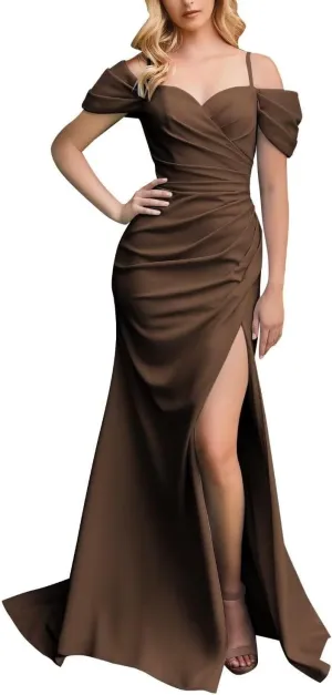 MiwiNovia Satin Bridesmaid Dresses for Women Off Shoulder Prom Dress Long Mermaid Prom Gown with Slit MN586