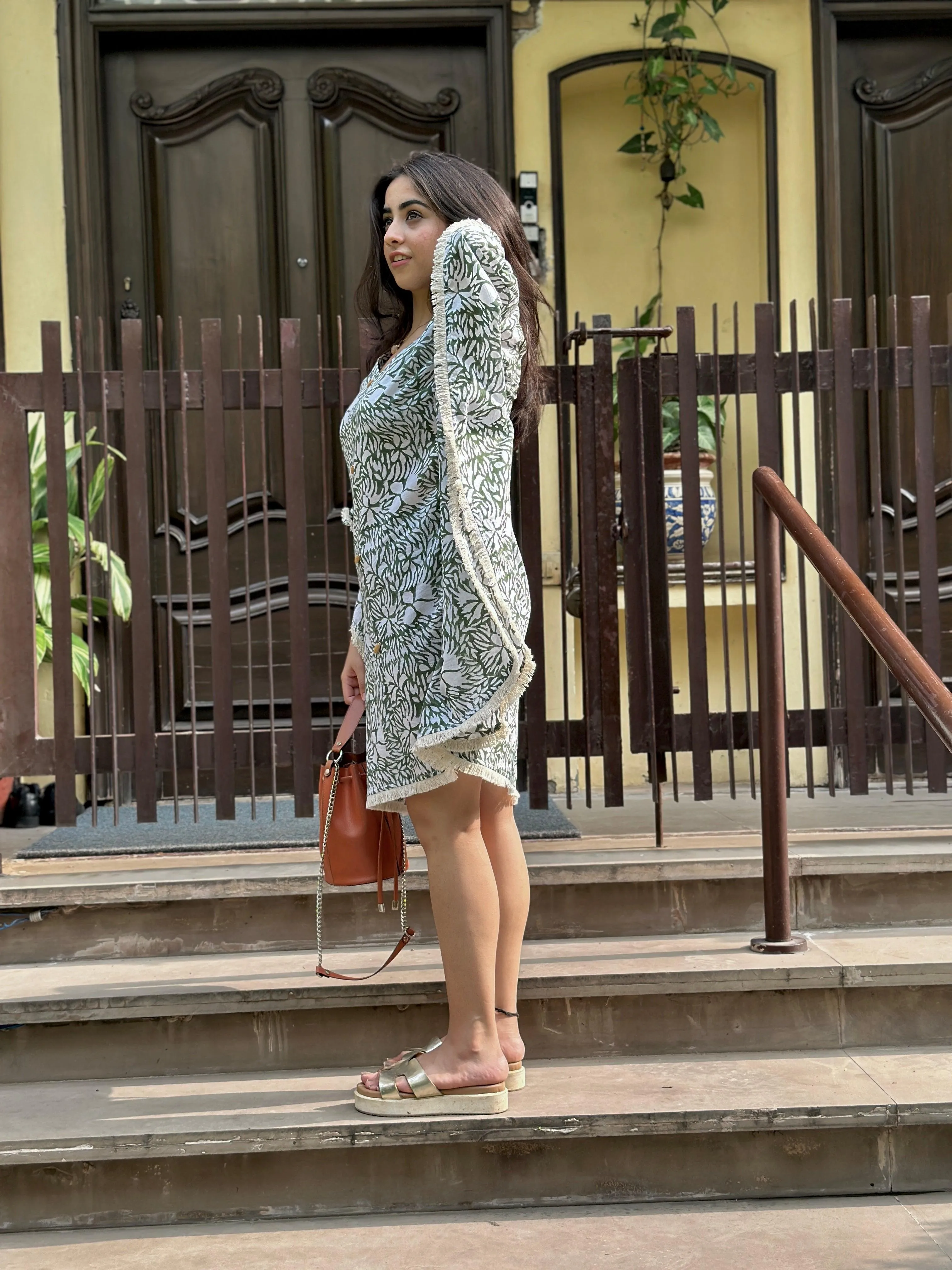 Monotone Print Green Kaftan Dress