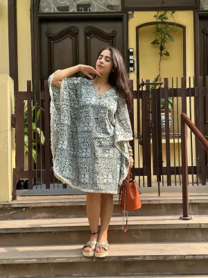 Monotone Print Green Kaftan Dress