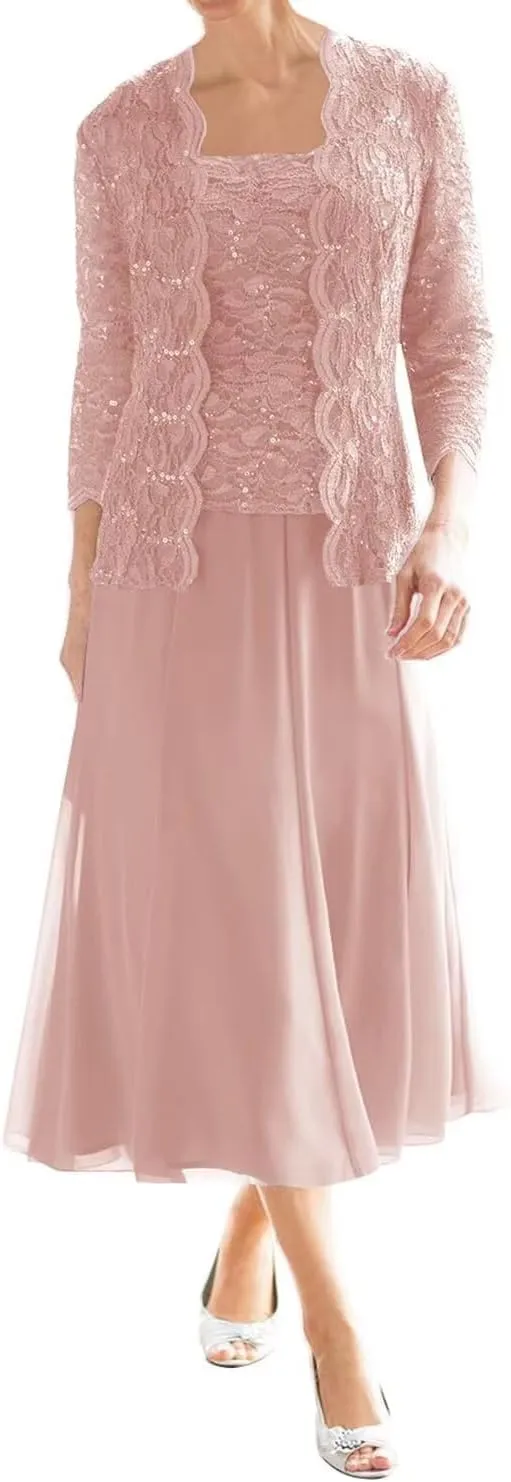 Mother of The Bride Dresses for Wedding Tea Length Lace Chiffon Formal Dress 2 Piece Grandmother Dresses with Jackets