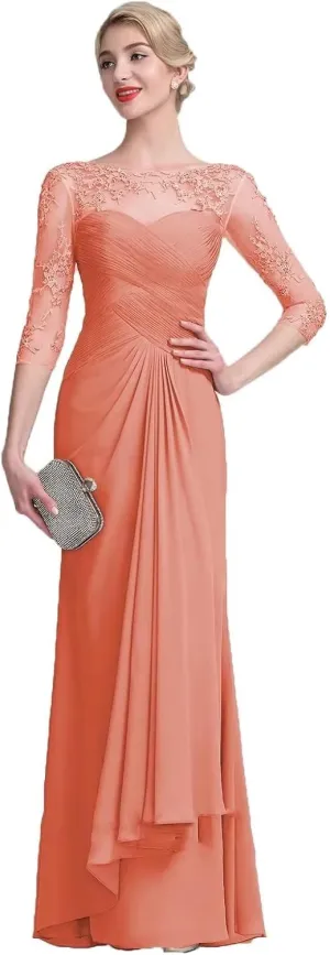 Mother of The Bride Dresses with Long Sleeves Chiffon Lace Formal Evening Gown for Wedding Guest Dress