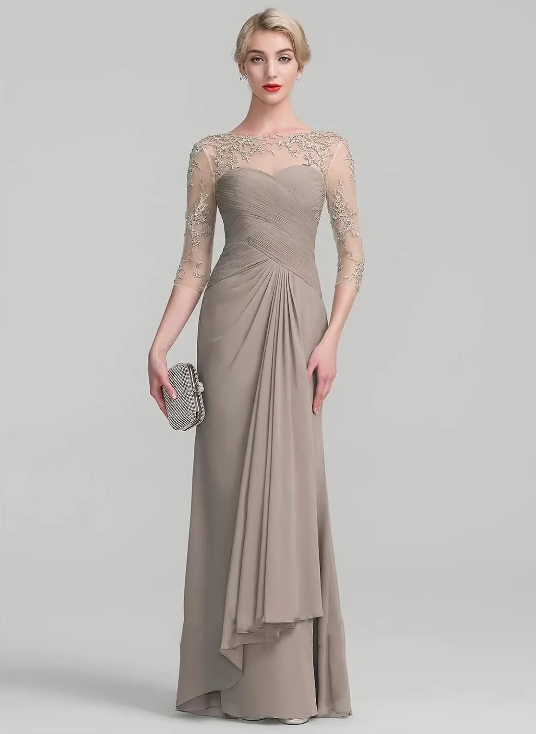 Mother of The Bride Dresses with Long Sleeves Chiffon Lace Formal Evening Gown for Wedding Guest Dress