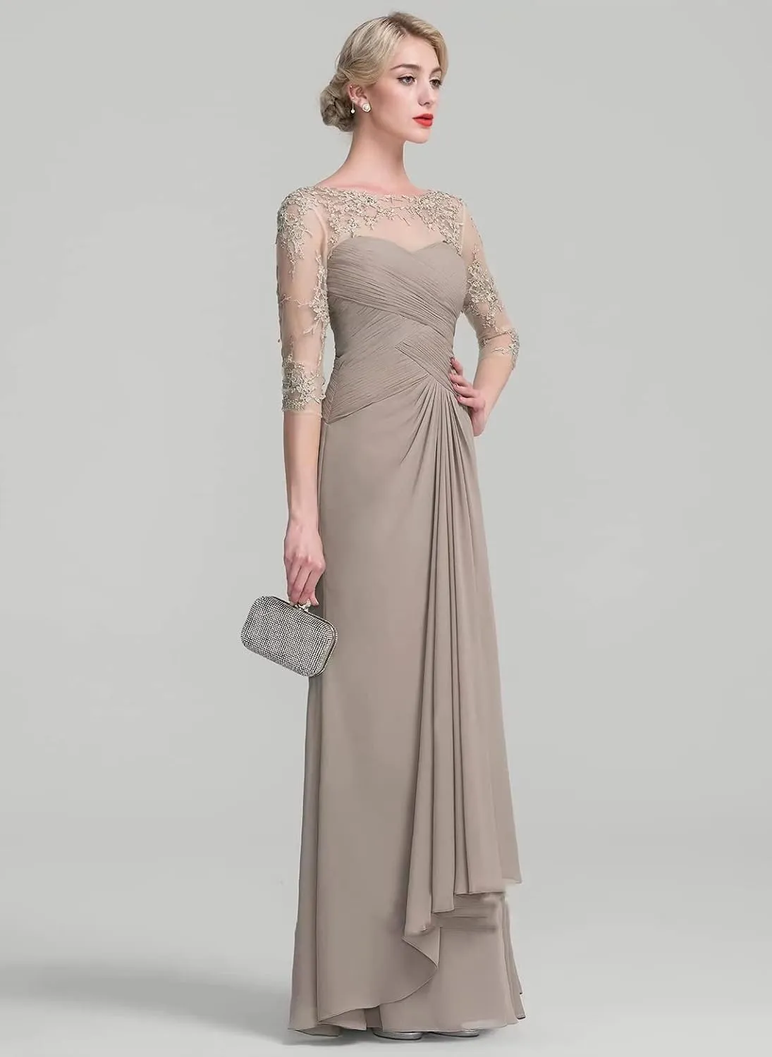 Mother of The Bride Dresses with Long Sleeves Chiffon Lace Formal Evening Gown for Wedding Guest Dress