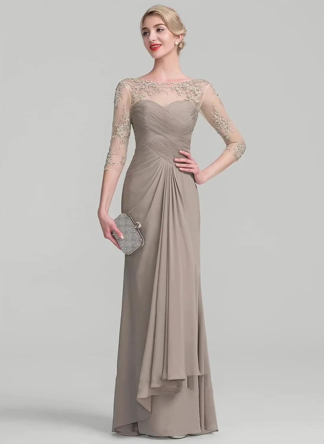 Mother of The Bride Dresses with Long Sleeves Chiffon Lace Formal Evening Gown for Wedding Guest Dress