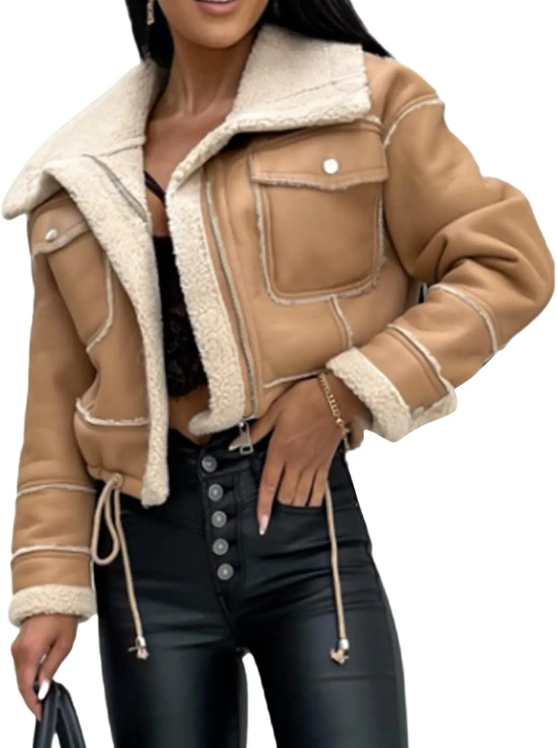 Mtsebmves Women's Faux Shearing Jacket Thick Lined Parka Winter Shearling Coat Leather Jacket Lapel Zipper Jackets