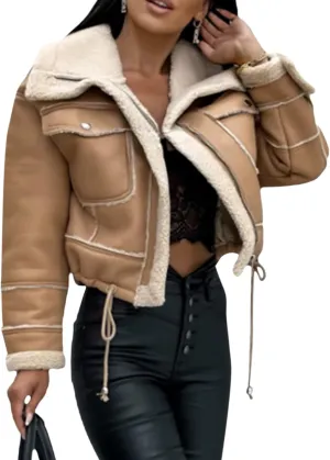 Mtsebmves Women's Faux Shearing Jacket Thick Lined Parka Winter Shearling Coat Leather Jacket Lapel Zipper Jackets