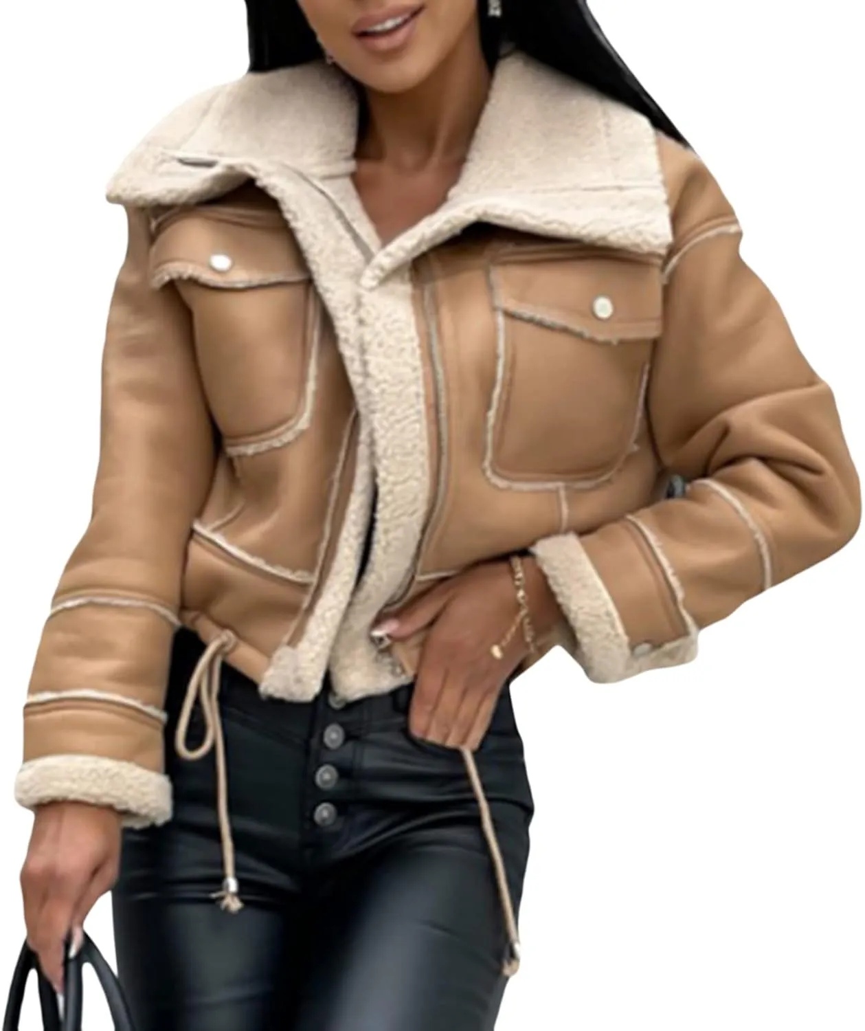 Mtsebmves Women's Faux Shearing Jacket Thick Lined Parka Winter Shearling Coat Leather Jacket Lapel Zipper Jackets