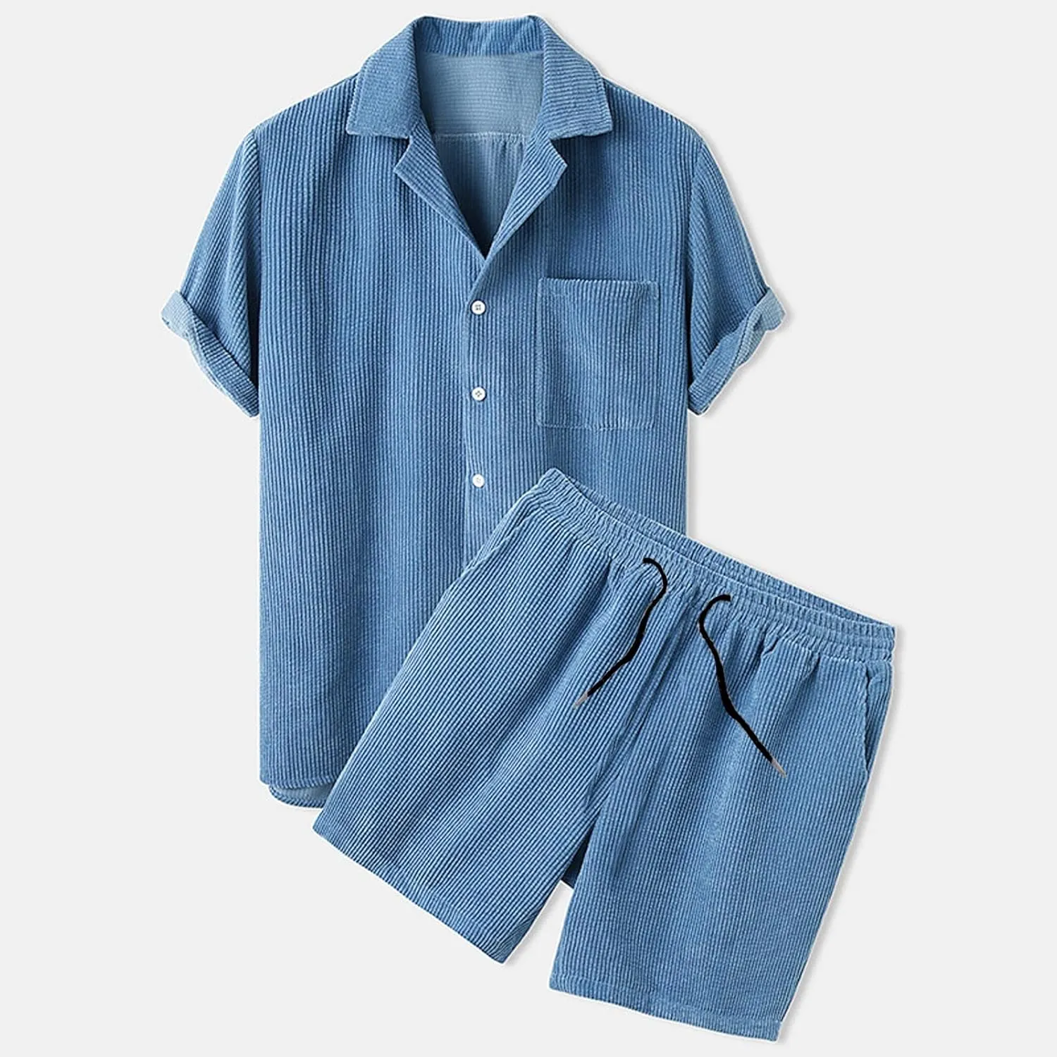 NaRHbrg Men's Casual Corduroy Shirts Sets Short Sleeve Shorts Suit 2-Piece Outfit T-Shirt and Shorts Set Loungewear