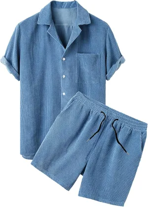NaRHbrg Men's Casual Corduroy Shirts Sets Short Sleeve Shorts Suit 2-Piece Outfit T-Shirt and Shorts Set Loungewear
