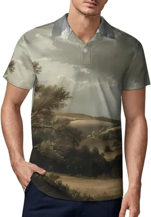 Nature Grassland Wilderness Classic Polo Shirts for Men Quick Dry Short Sleeve Fit Golf Tees Casual Tops