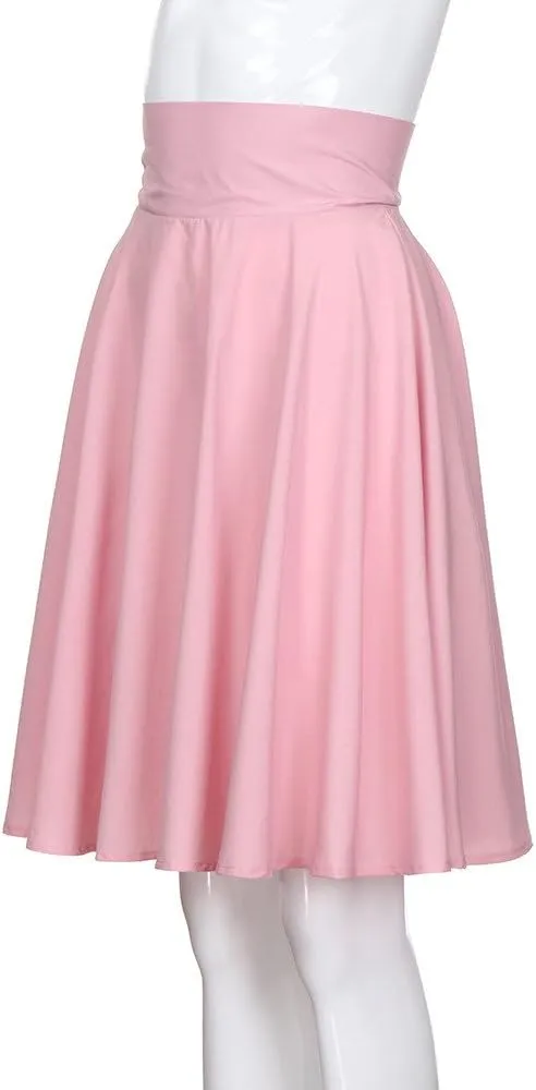 NREALY New Women's Solid Flared Retro Casual Knee Length Pleated Midi Office Work Skirt