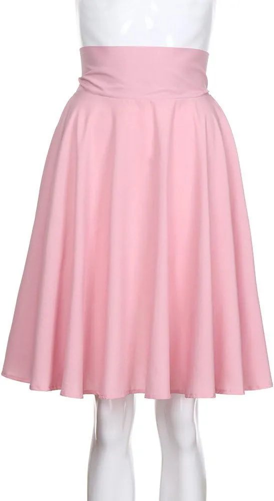 NREALY New Women's Solid Flared Retro Casual Knee Length Pleated Midi Office Work Skirt