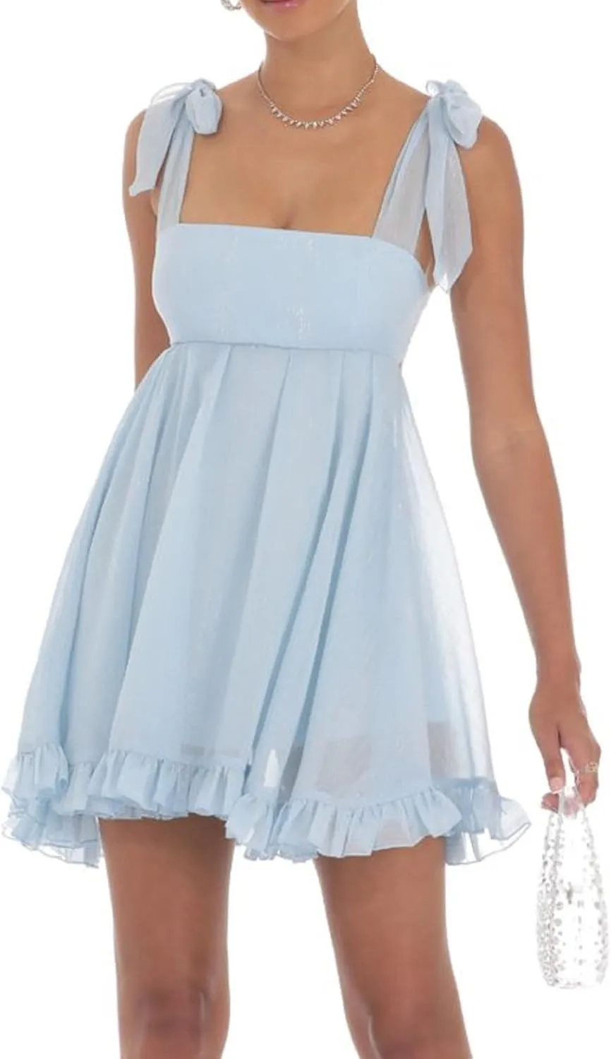 NUFIWI 2025 Bow Tie Graduation Mini Dress for Women Square Neck Tiered Flowy A Line Mini Dresses Sleeveless Flare Sundress