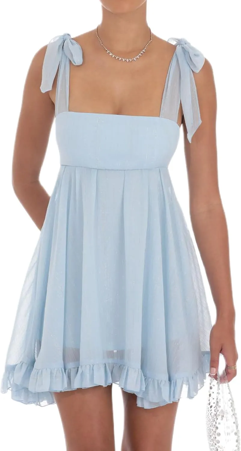 NUFIWI 2025 Bow Tie Graduation Mini Dress for Women Square Neck Tiered Flowy A Line Mini Dresses Sleeveless Flare Sundress