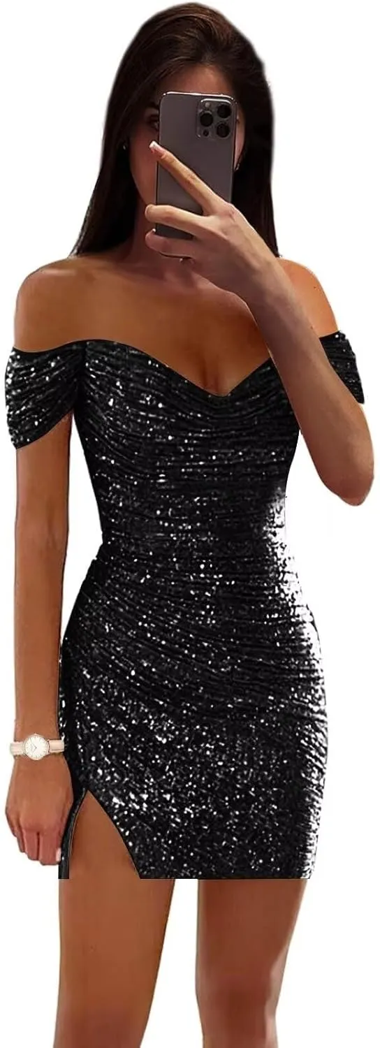 Off Shoulder Homecoming Dresses 2025 Sparkly Sequin Pleated Short Prom Dress Formal Cocktail Party Gowns