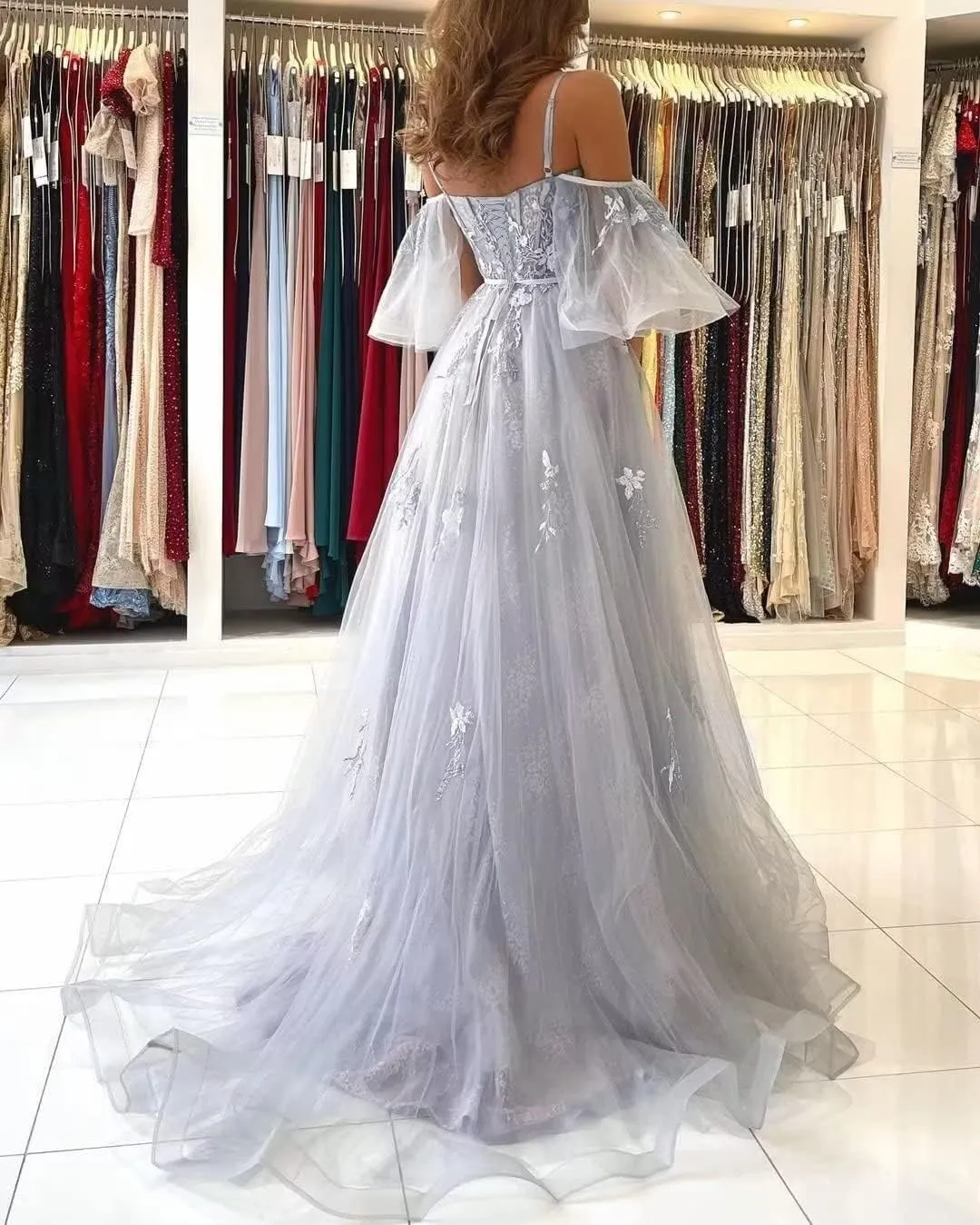 Off Shoulder Lace Appliques Tulle Prom Dresses Long Spaghetti Straps Ball Gown for Women Formal Evening Party Gown