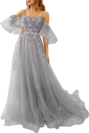 Off Shoulder Lace Appliques Tulle Prom Dresses Long Spaghetti Straps Ball Gown for Women Formal Evening Party Gown