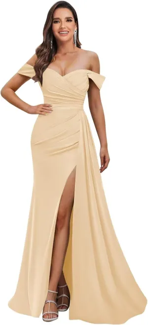 Off The Shoulder Prom Dresses for Women Long Mermaid Satin Bridesmaid Dress with Slit Formal Gown