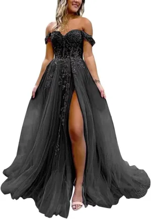Off The Shoulder Tulle Prom Dress with Laces Applique A-line Slit Long Ball Gowns Glitter Formal Evening Dress