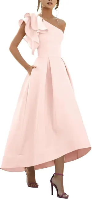 One Shoulder Satin Prom Dresses 2025 Ruffle High-Low Formal Evening Party Gowns for Women