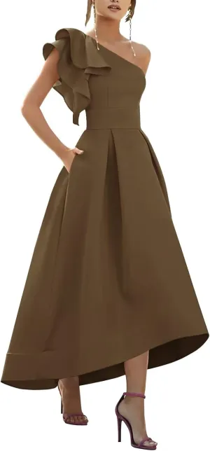 One Shoulder Satin Prom Dresses 2025 Ruffle High-Low Formal Evening Party Gowns for Women