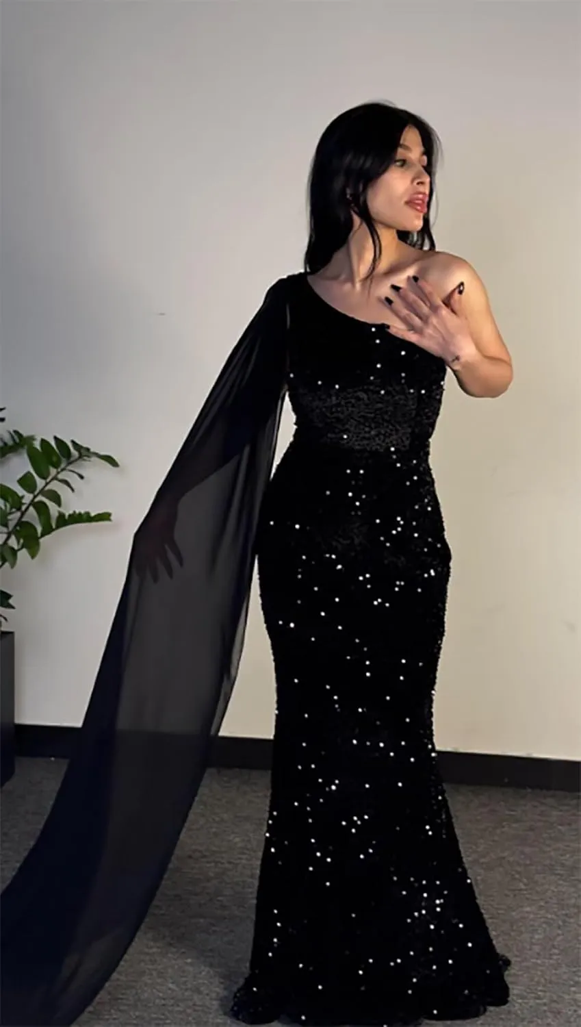 One Shoulder Sequin Prom Dresses for Women 2025 Sparkly Mermaid Formal Evening Party Gowns with Cape