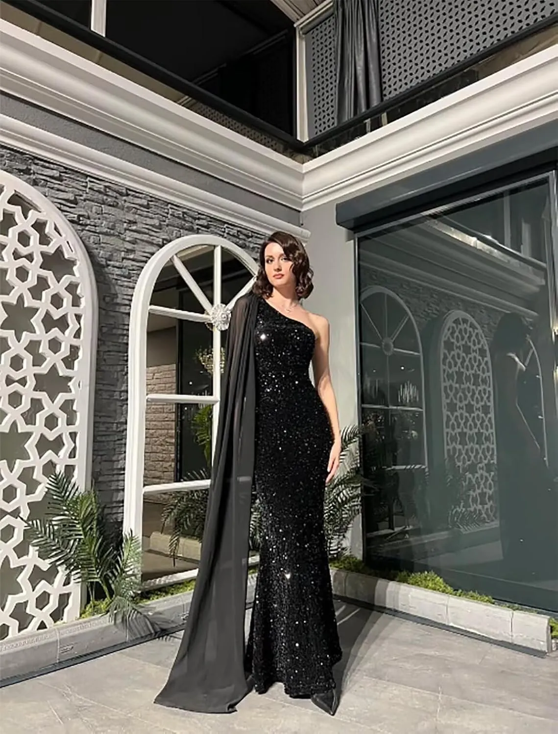 One Shoulder Sequin Prom Dresses for Women 2025 Sparkly Mermaid Formal Evening Party Gowns with Cape